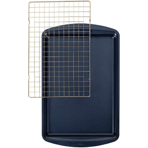 Diamond-Infused Non-Stick Cookie Sheet with Gold Cooling Grid Set