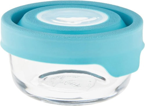 Anchor Hocking Round Glass Food Storage Container with a 1-cup capacity, featuring a transparent glass body and a mineral blue TrueSeal lid designed for airtight storage and easy stacking