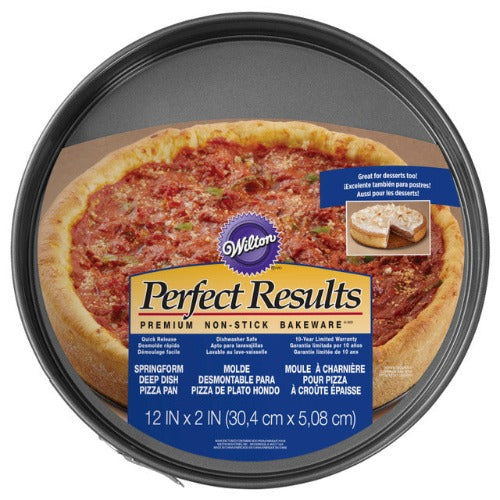 Wilton 12-inch Deep Dish Pizza and Cheesecake Springform Pan, featuring a non-stick surface and a removable bottom for easy release, designed for baking deep dish pizzas, cheesecakes, and other layered desserts