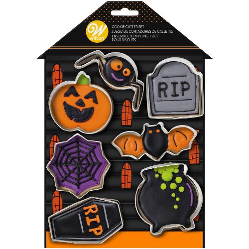 A 7-piece metal Halloween cookie cutter set by Wilton. The set includes various shapes such as pumpkins, ghosts, bats, and more, ideal for creating festive Halloween cookies and treats