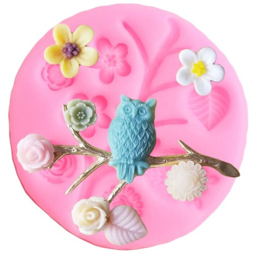 Silicone Mold - Owl with Branch & Flowers