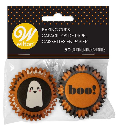 A package of 50 mini cupcake liners with a pumpkin design. Each liner is adorned with playful orange pumpkins against a white background, perfect for festive autumn baking and Halloween treats